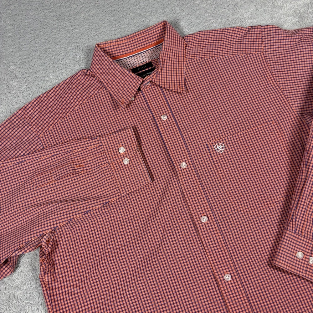 Ariat Shirt Mens XL Gingham Plaid Fitted Pro Series Coral Pink Blue Long Sleeve